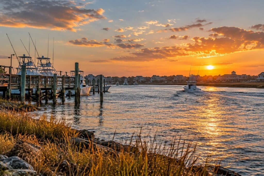 Golden-hour sunset over Murrells Inlet with boats, docks, and waterfront homes